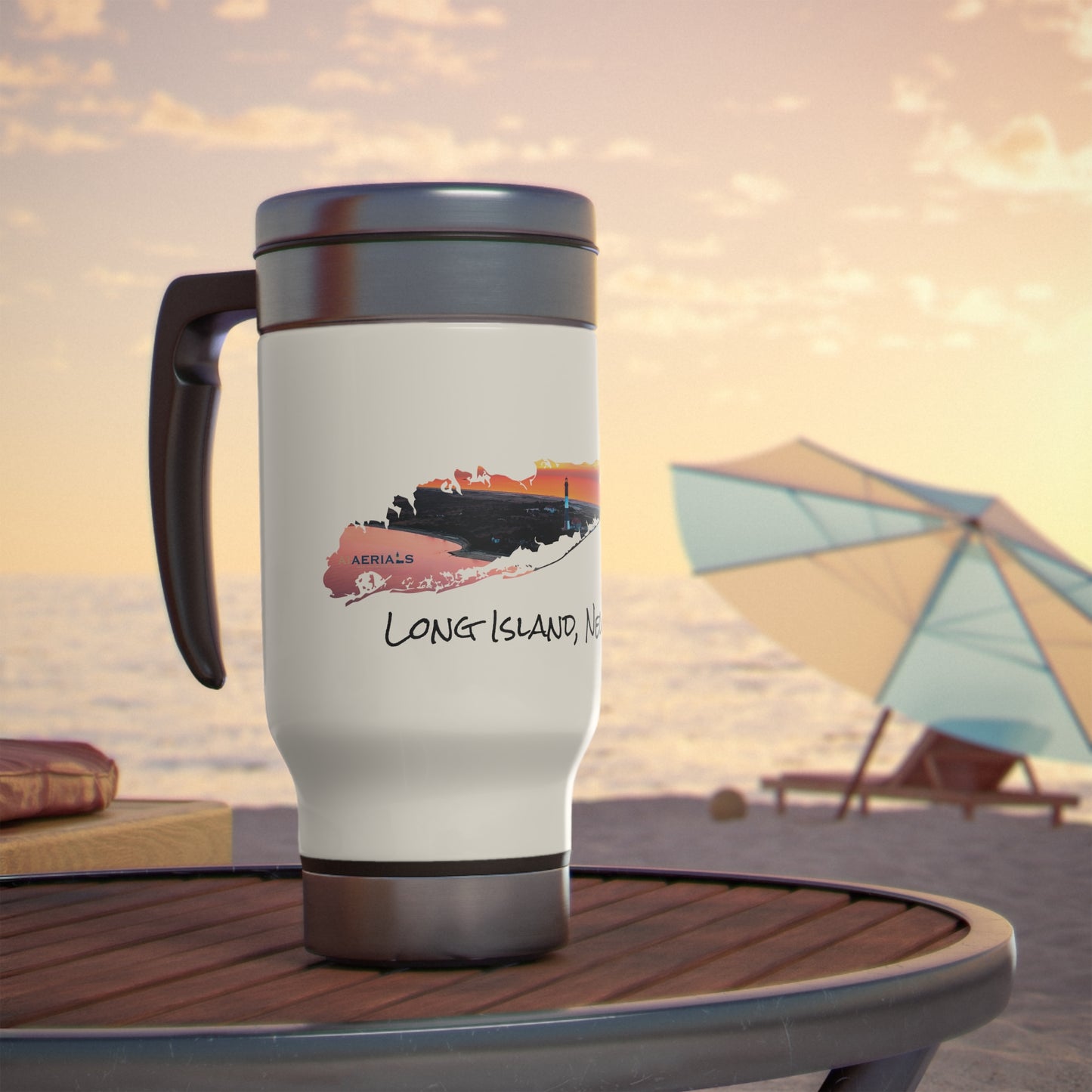 Travel Mug with Handle, 14oz - Fire Island Lighthouse