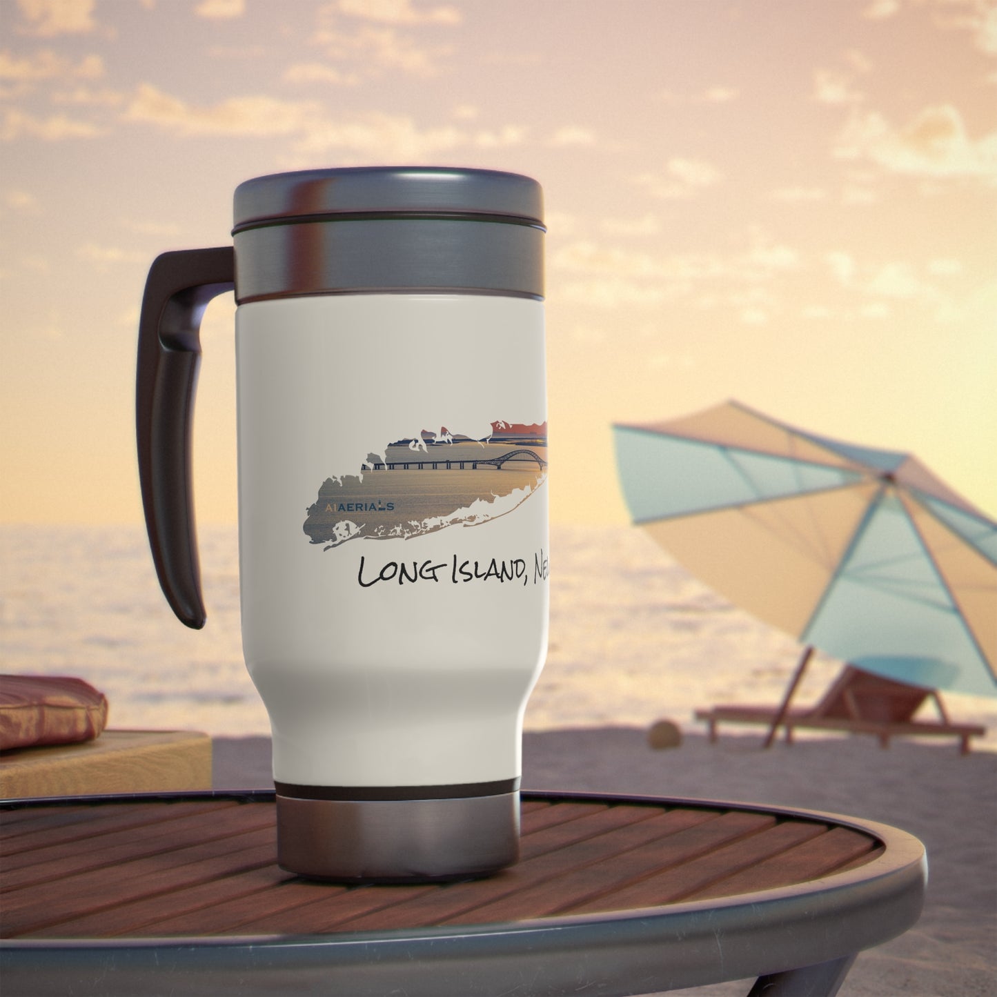 Travel Mug with Handle, 14oz - Great South Bay Bridge