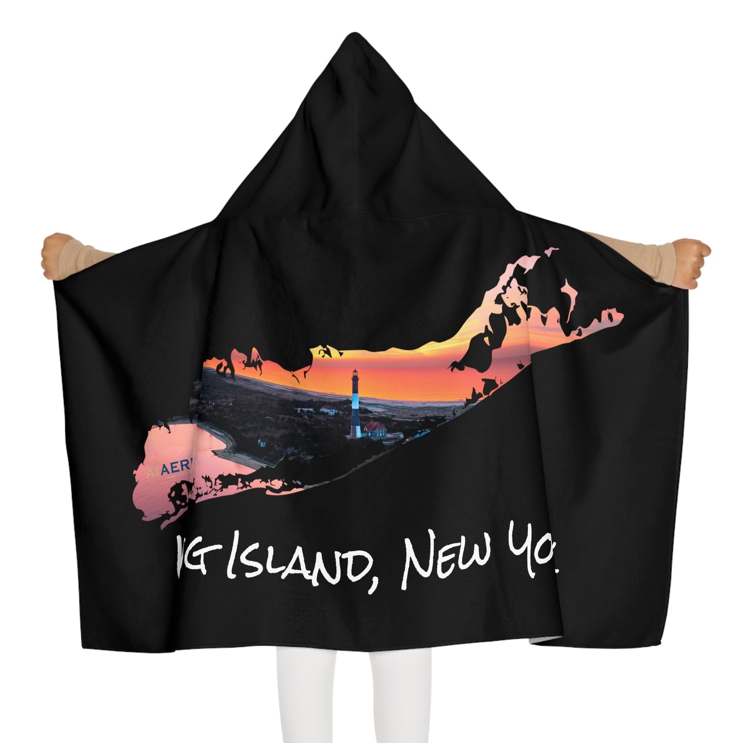 Youth Hooded Towel Black - Fire Island Lighthouse