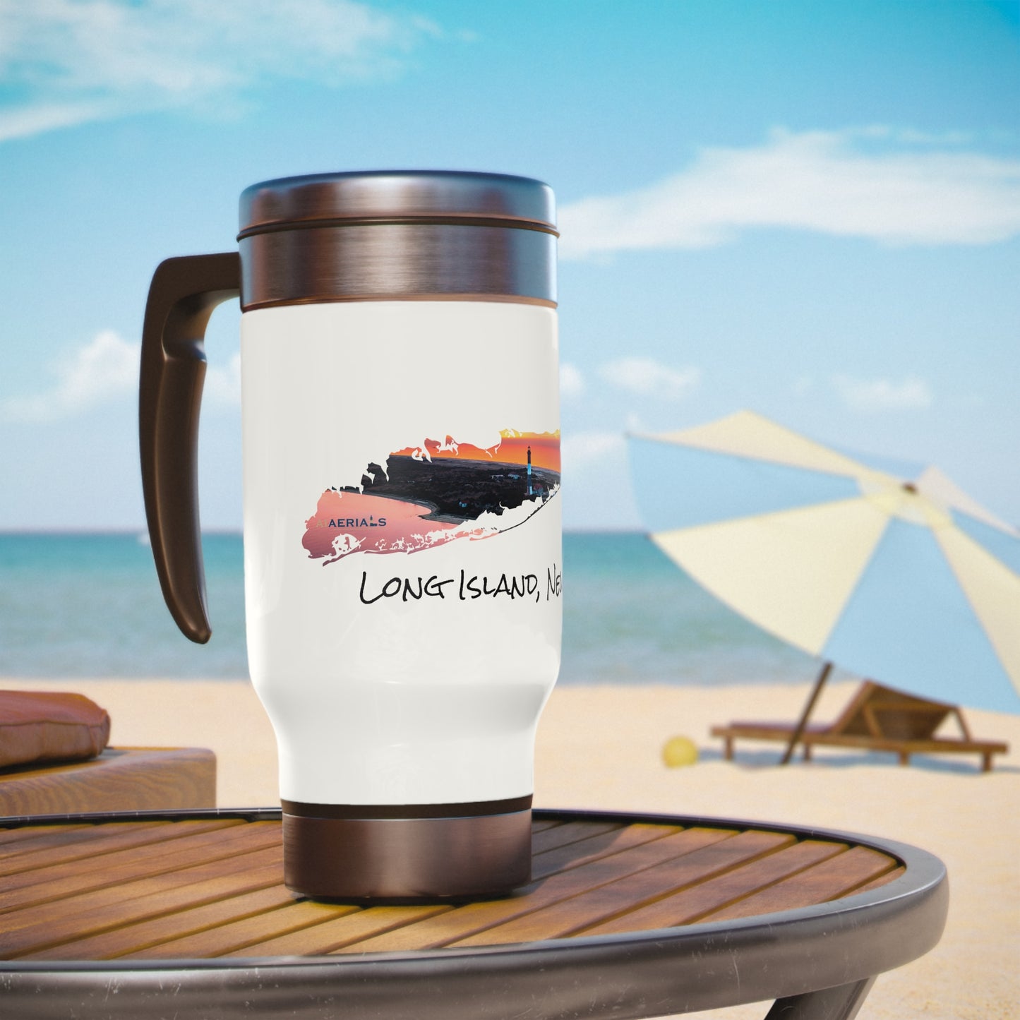 Travel Mug with Handle, 14oz - Fire Island Lighthouse