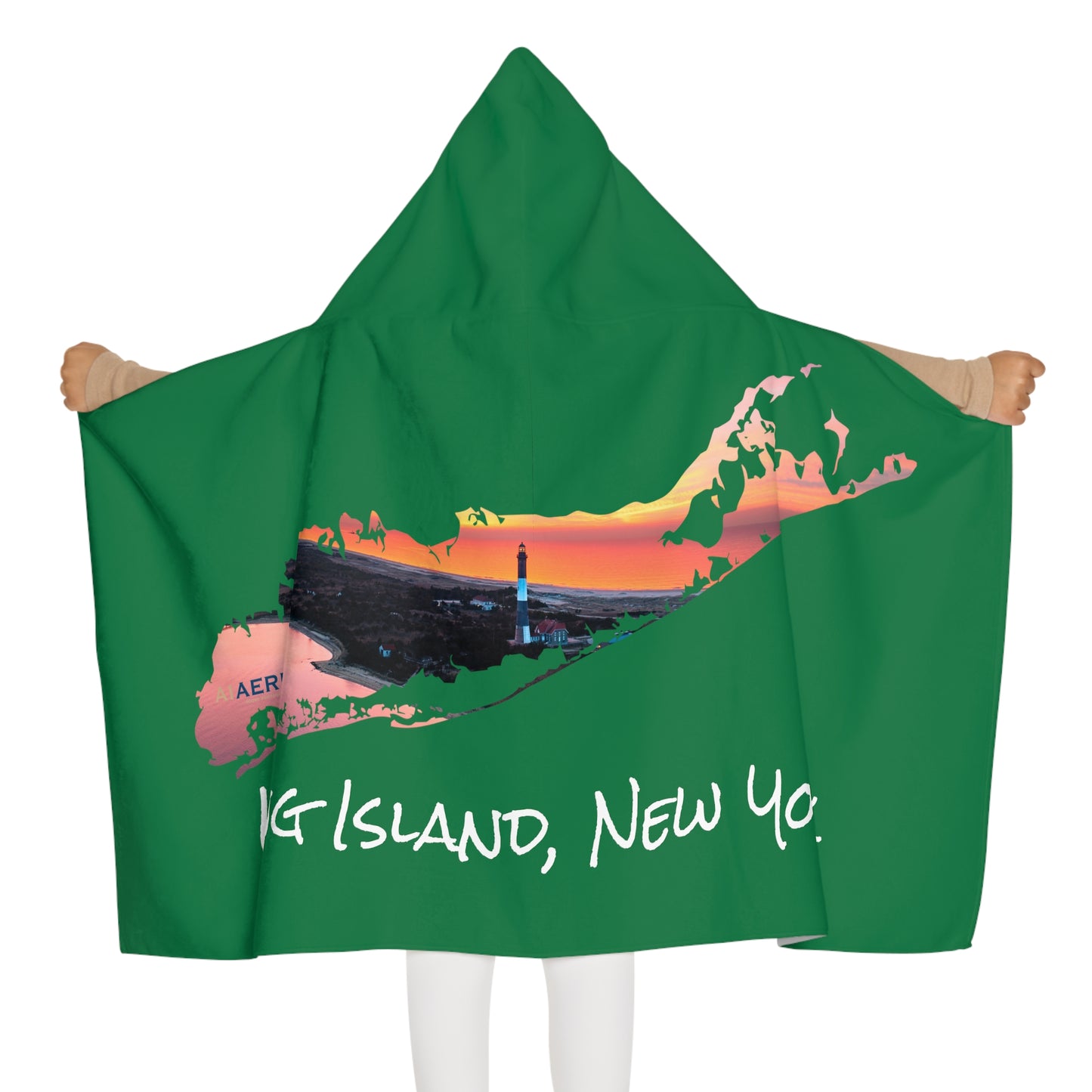 Youth Hooded Towel Green - Fire Island Lighthouse