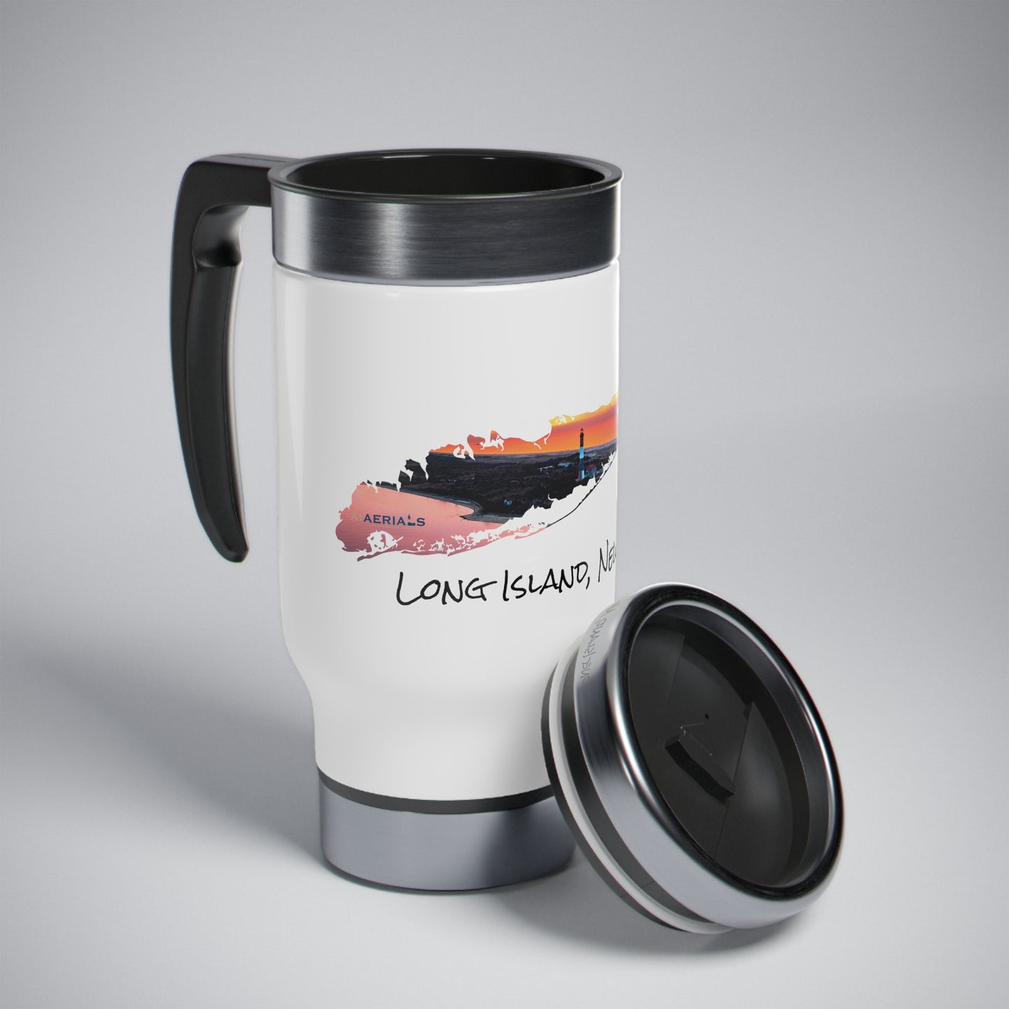 Travel Mug with Handle, 14oz - Fire Island Lighthouse