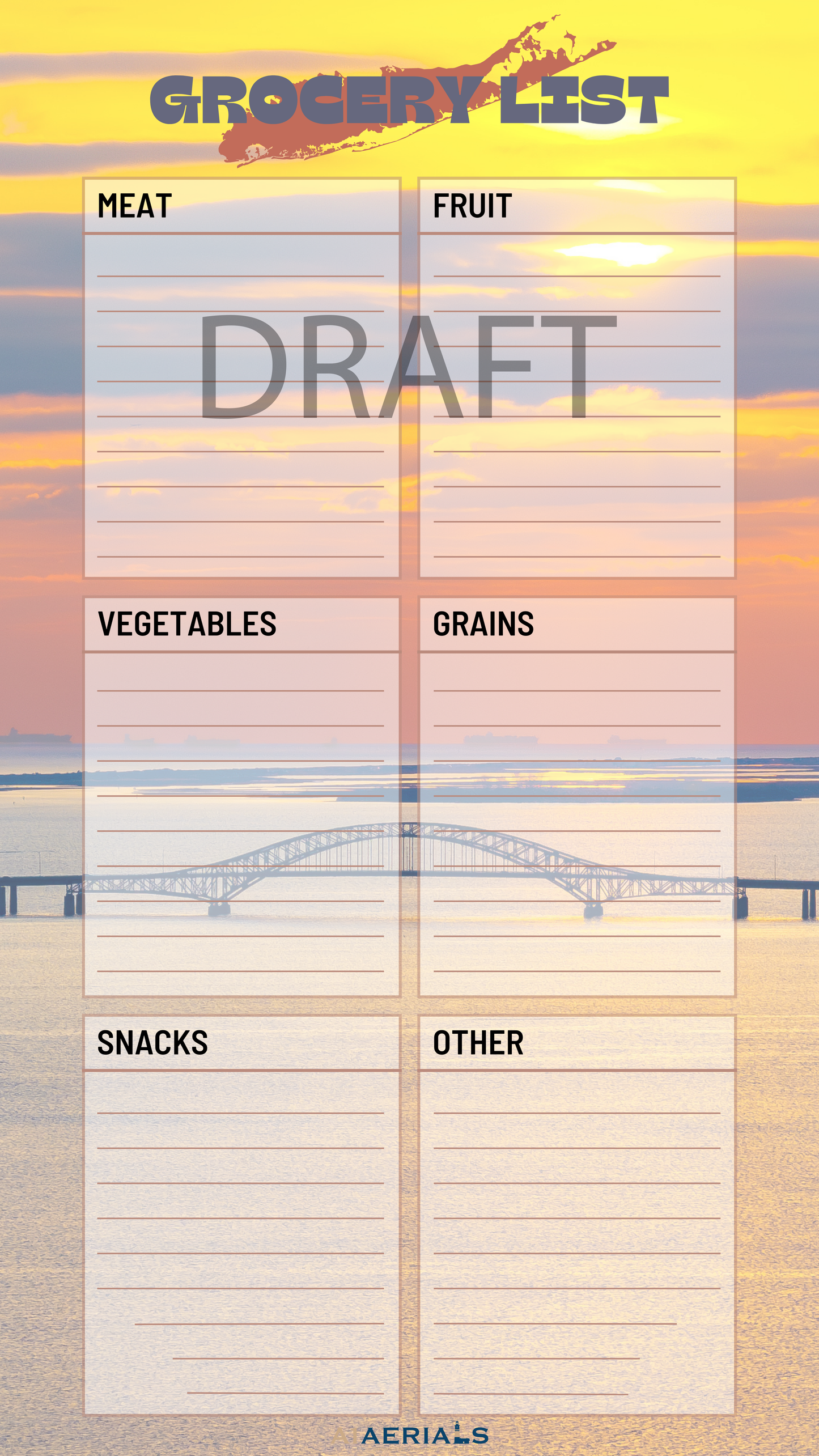 Category Grocery List (Instant Download)- Great South Bay Bridge