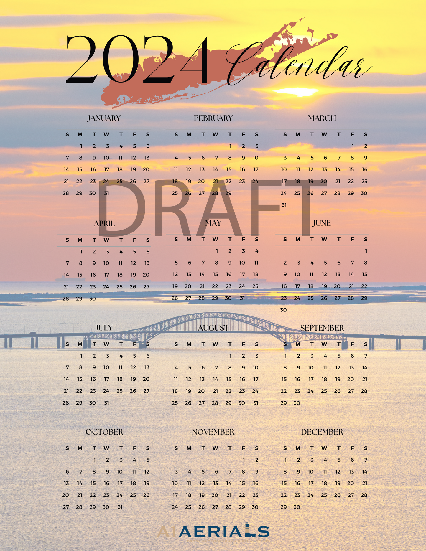 Minimalist Yearly Calendar (Instant Download)- Great South Bay Bridge