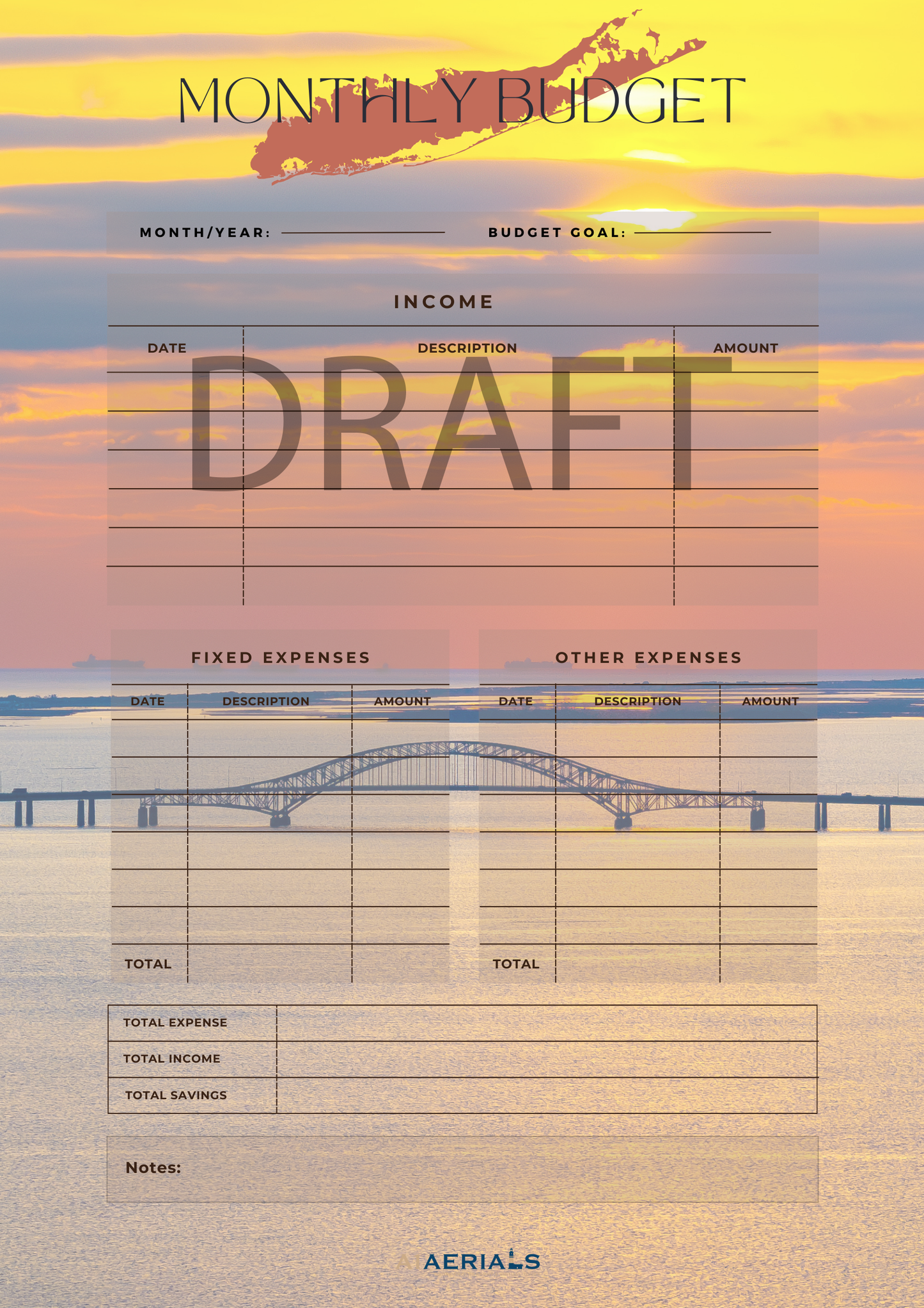 Monthly Budget Planner (Instant Download)- Great South Bay Bridge